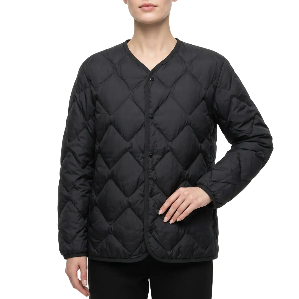 Women’s Jacket Collarless V-Neckline and Puffer Style