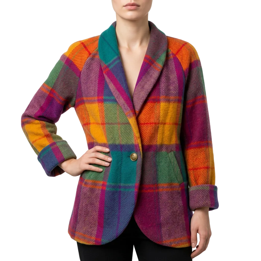 Women’s Jacket Plaid Pattern with Single Button Closure