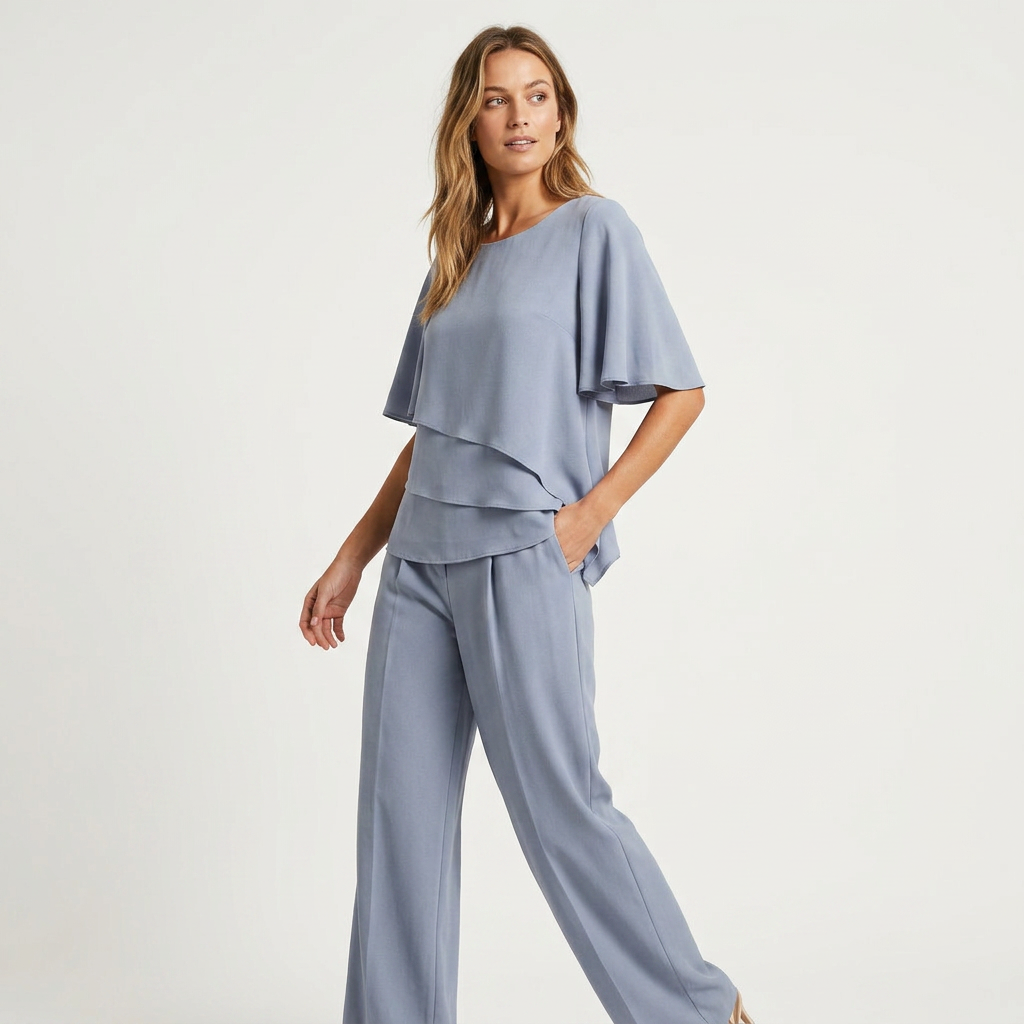 Women's Layered Asymmetric Top and Wide-Leg Pants Set