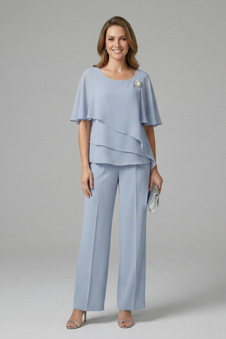 Women’s Top and Trousers Set with Layered Top and Straight Legs 0