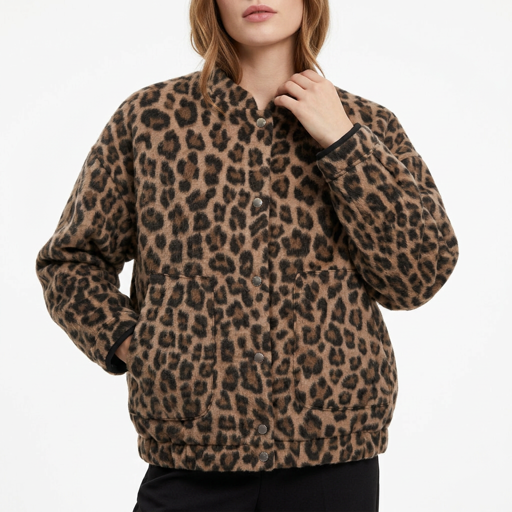Women’s Leopard Print Jacket Snap Button Front Closure