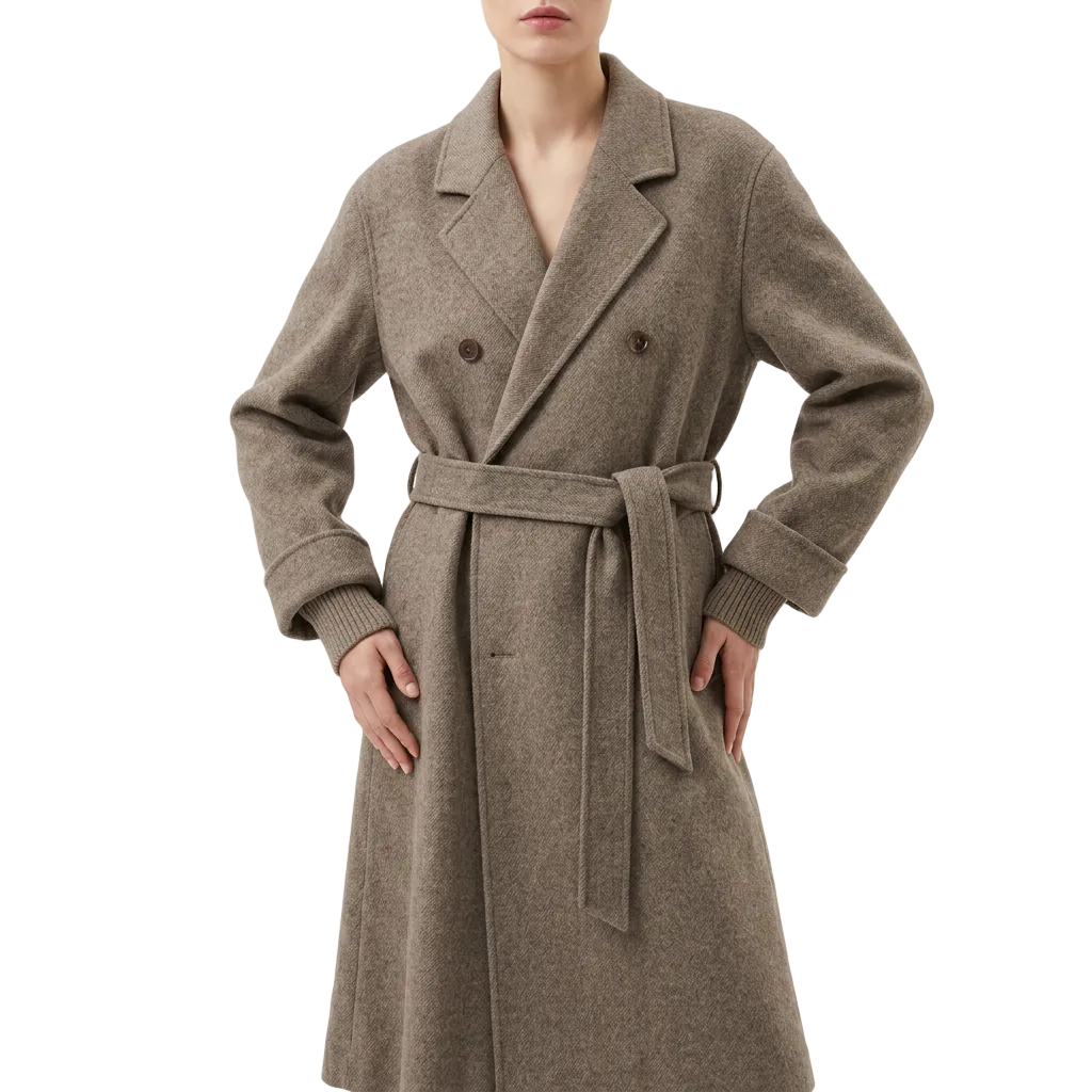 Women’s Long Coat Double Breasted Buttons Waist Belt