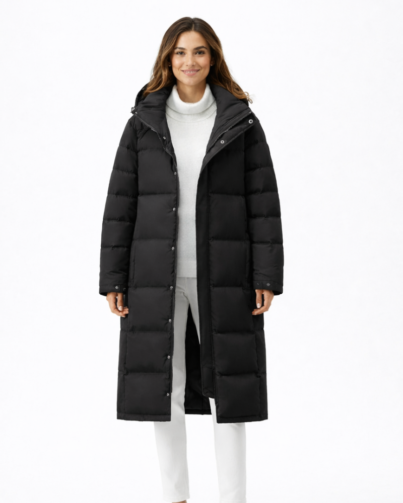 Zahra Women's Long Winter Coat – Warm Quilted Jacket with Hood and High Collar 1