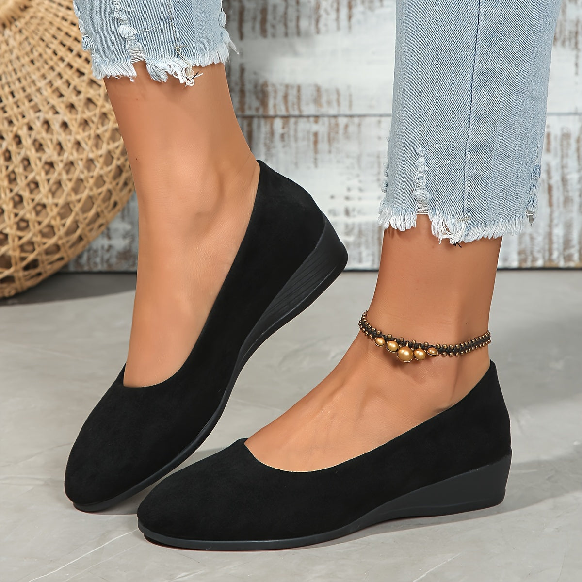 Elara Haus Black Ballet Flats - Soft Synthetic Comfortable Wedge Heel 4