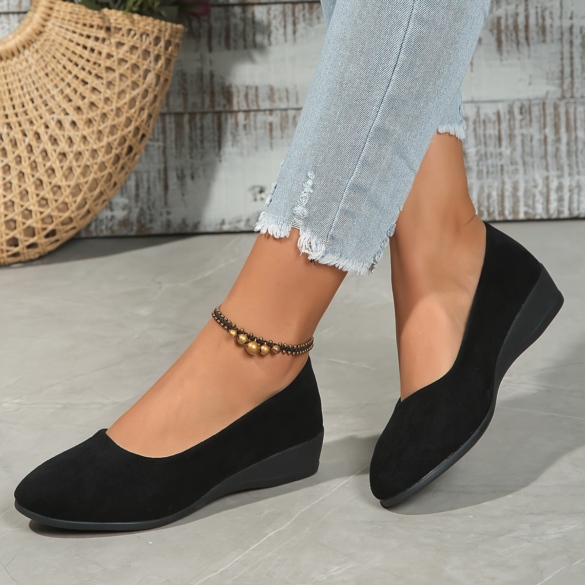 Elara Haus Black Ballet Flats - Soft Synthetic Comfortable Wedge Heel 0