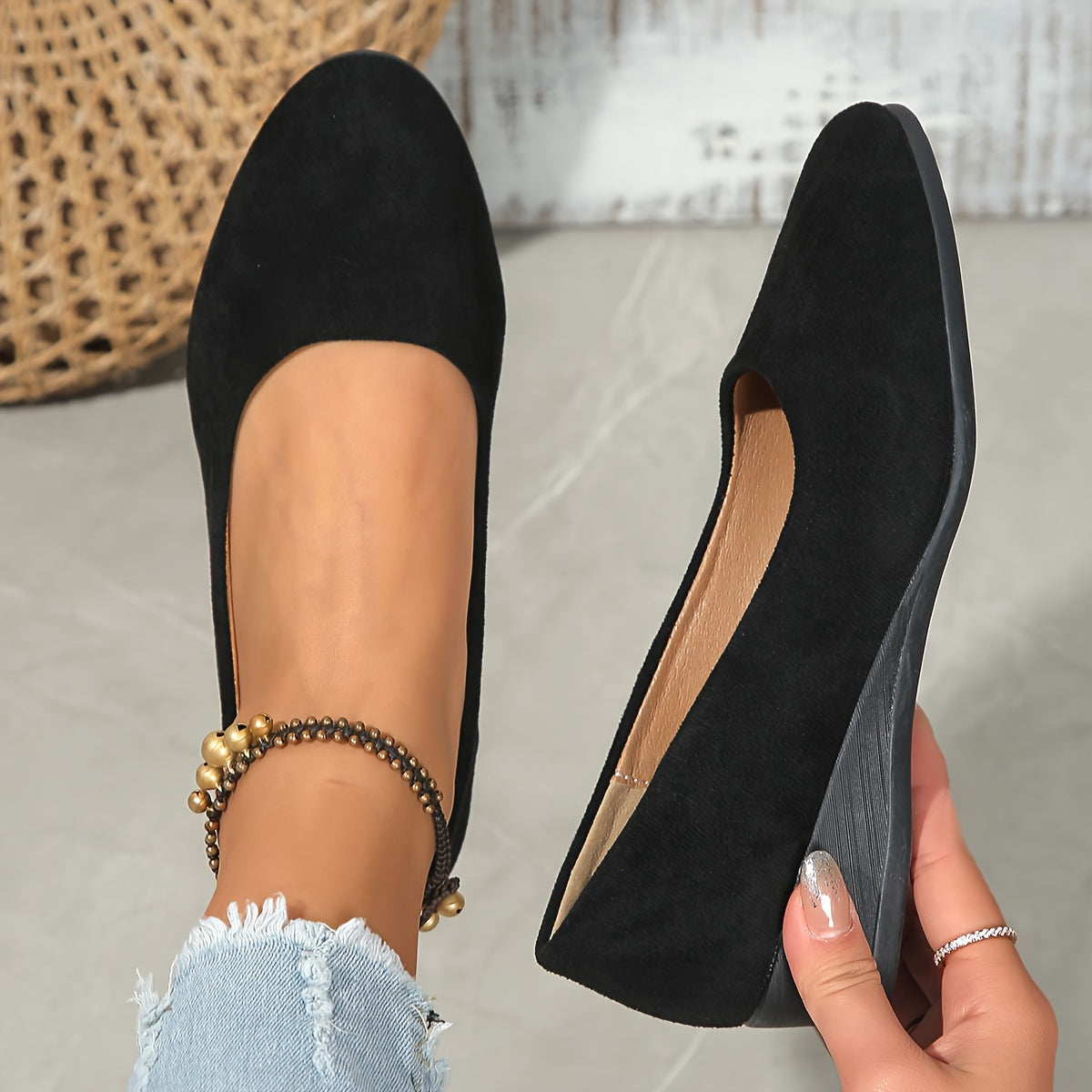 Elara Haus Black Ballet Flats - Soft Synthetic Comfortable Wedge Heel 2