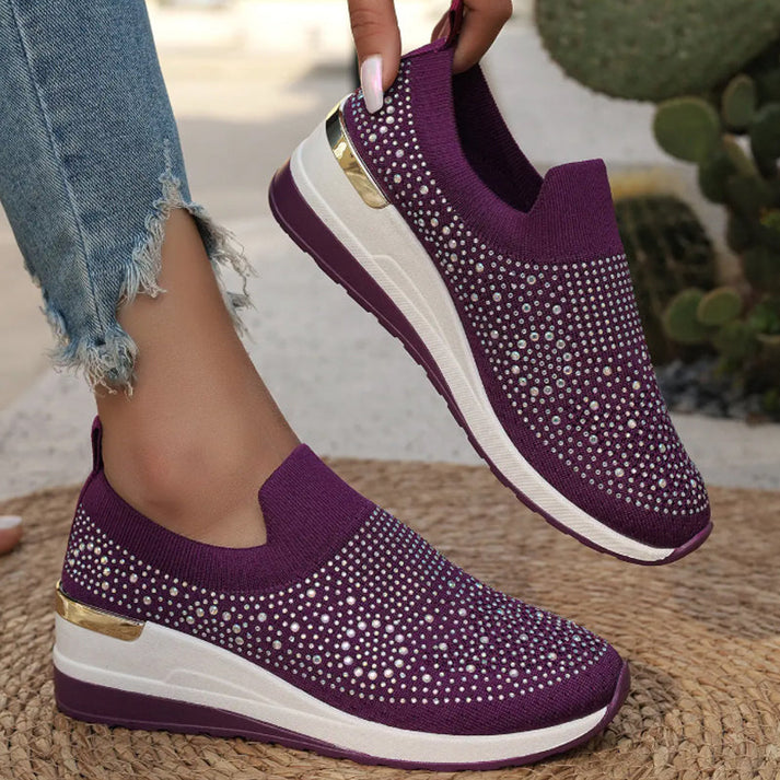 Elara Haus Women's Shoes - Stretch Fabric Wedge Slip-On with Rhinestones 3