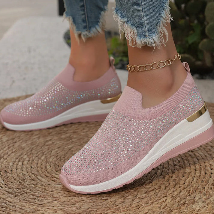 Elara Haus Women's Shoes - Stretch Fabric Wedge Slip-On with Rhinestones 4