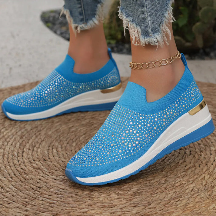 Elara Haus Women's Shoes - Stretch Fabric Wedge Slip-On with Rhinestones 5