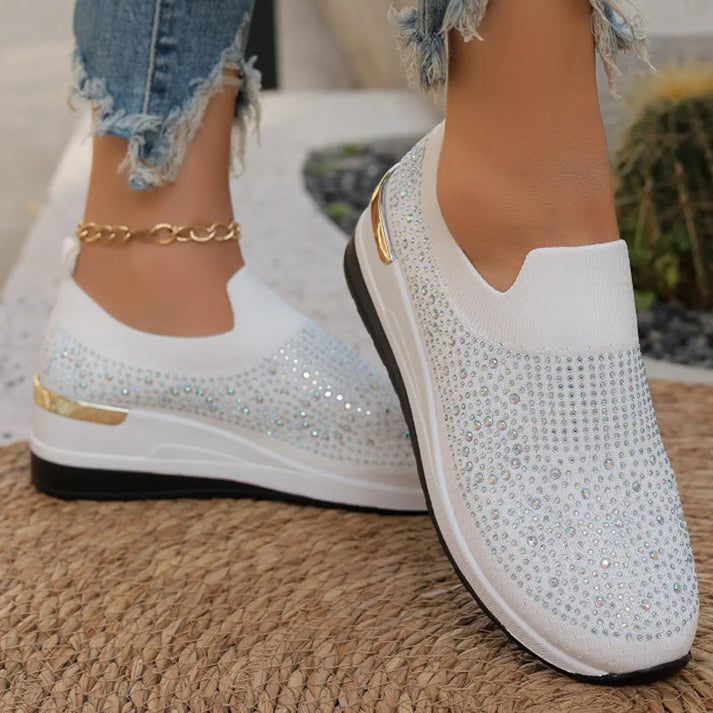 Elara Haus Women's Shoes - Stretch Fabric Wedge Slip-On with Rhinestones 7