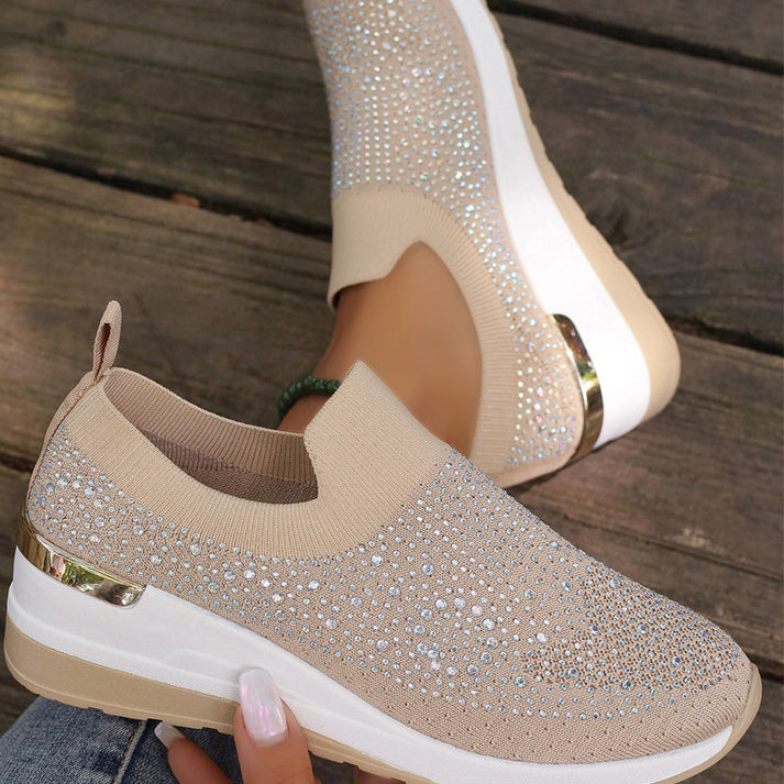 Elara Haus Women's Shoes - Stretch Fabric Wedge Slip-On with Rhinestones 9