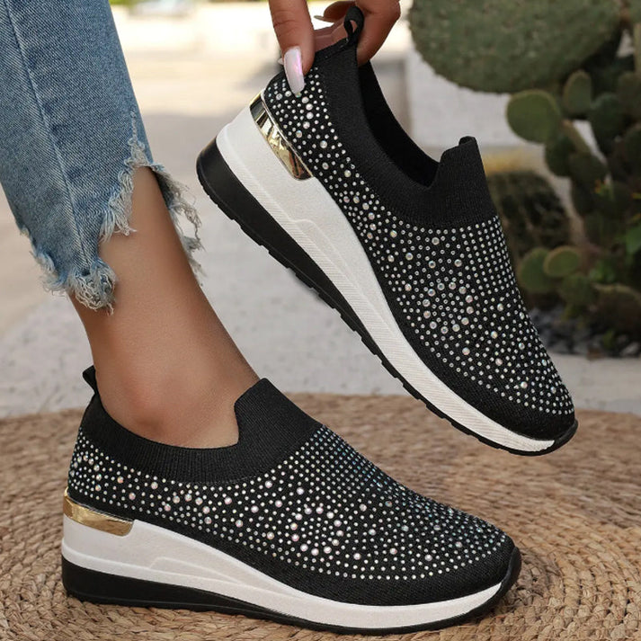 Elara Haus Women's Shoes - Stretch Fabric Wedge Slip-On with Rhinestones 0