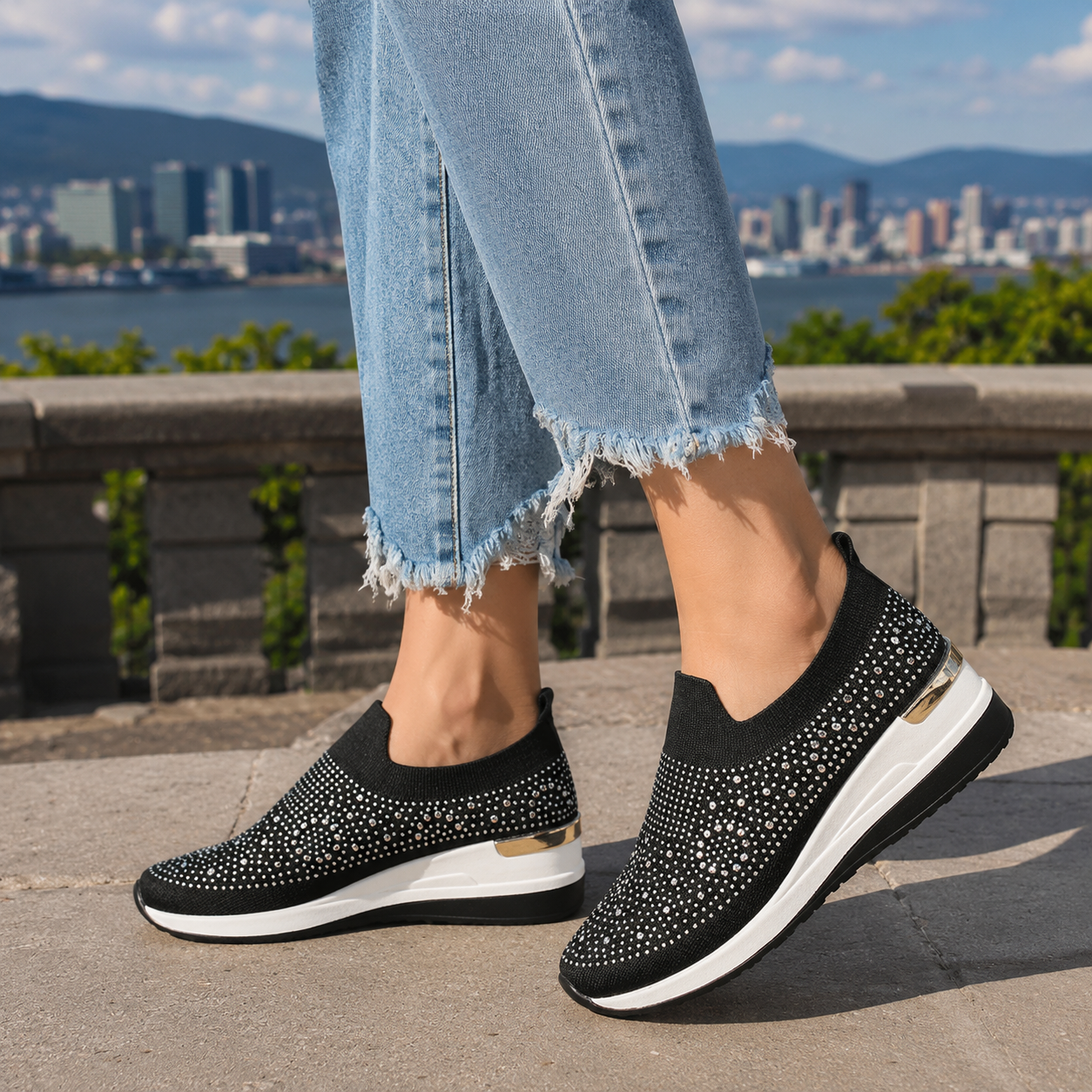 Elara Haus Women's Shoes - Stretch Fabric Wedge Slip-On with Rhinestones 2