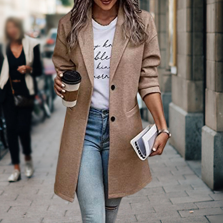 Mid-Length Coat with Buttons and Pockets for Women 0