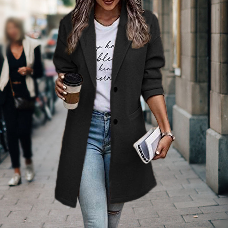 Mid-Length Coat with Buttons and Pockets for Women 2