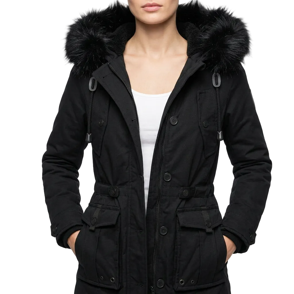Women’s Mid-Length Coat Zipper and Button Closure