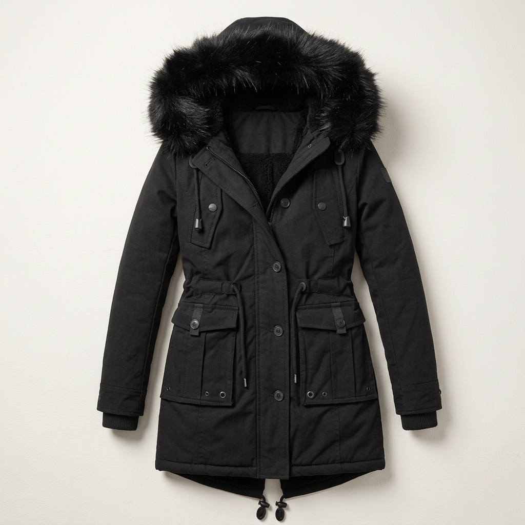 Women’s Mid-Length Coat Zipper and Button Closure