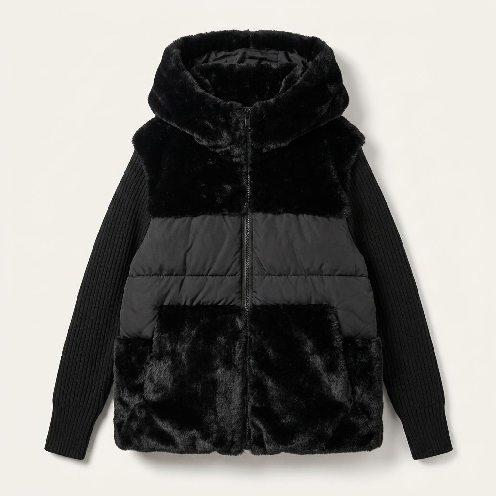 Women’s Mixed Panel Puffer Jacket Front Zipper Closure