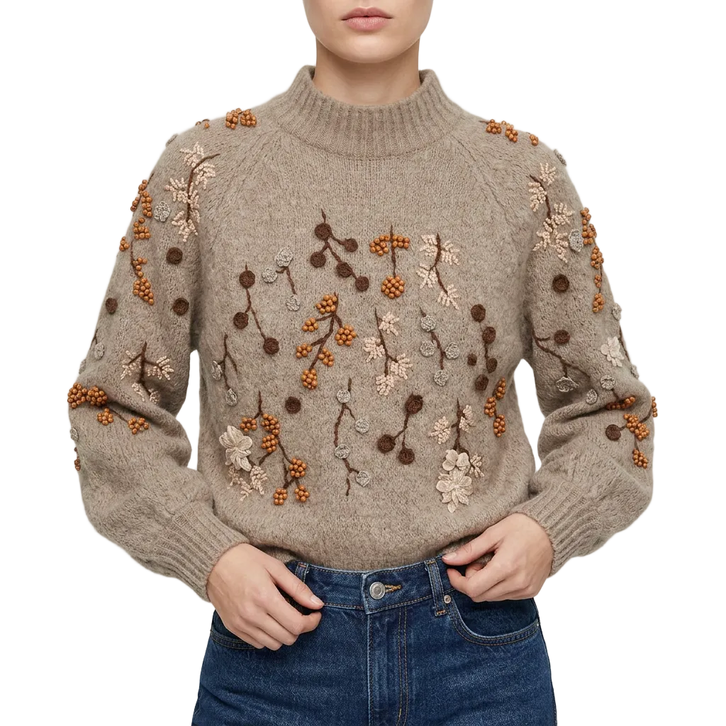 Women’s Mock Neck Sweater Floral Embroidery
