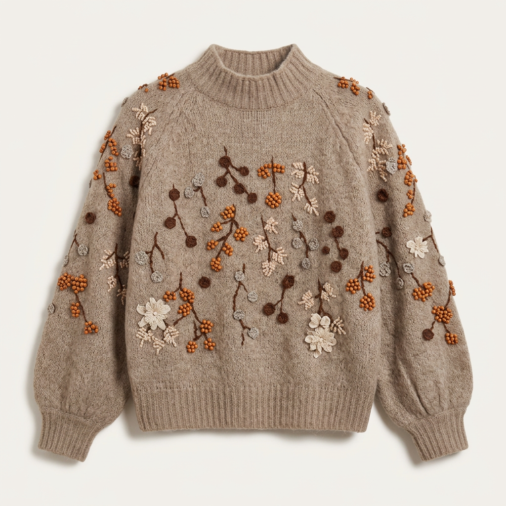 Women’s Mock Neck Sweater Floral Embroidery