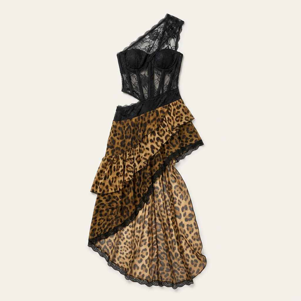 Women's One Shoulder Lace Leopard Maxi Dress
