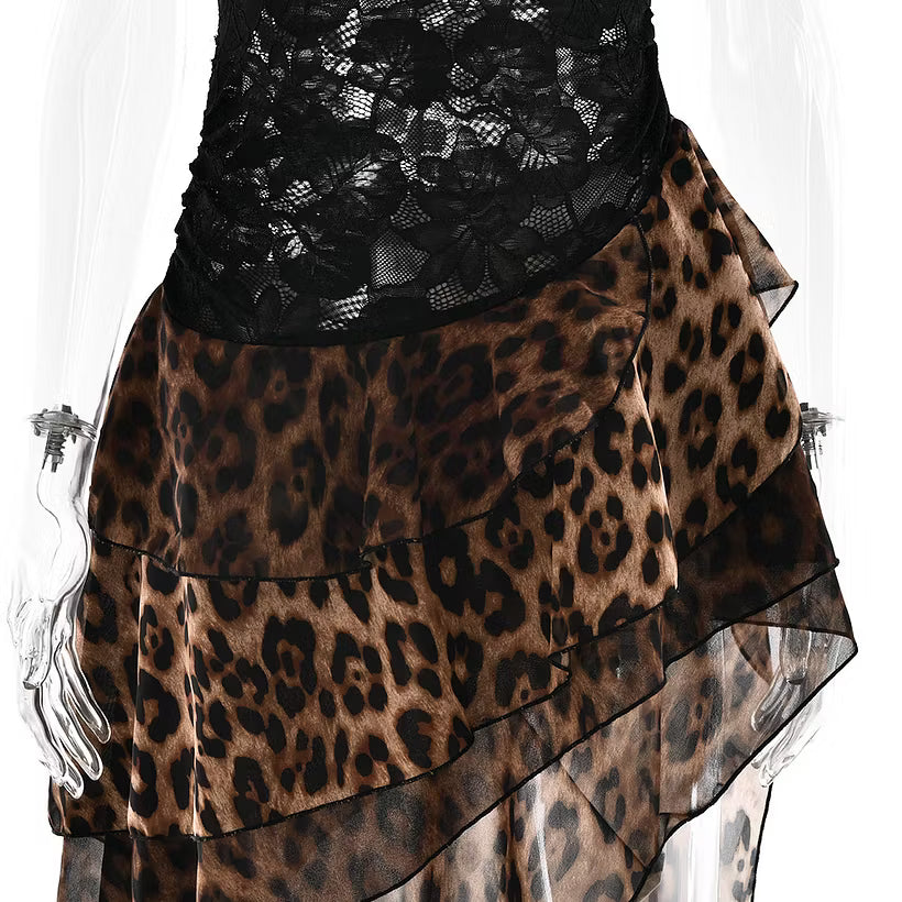 Women's One Shoulder Lace Leopard Maxi Dress