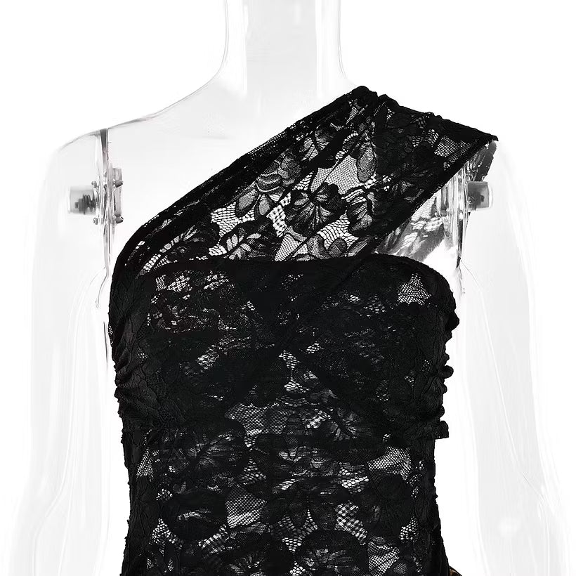 Women's One Shoulder Lace Leopard Maxi Dress