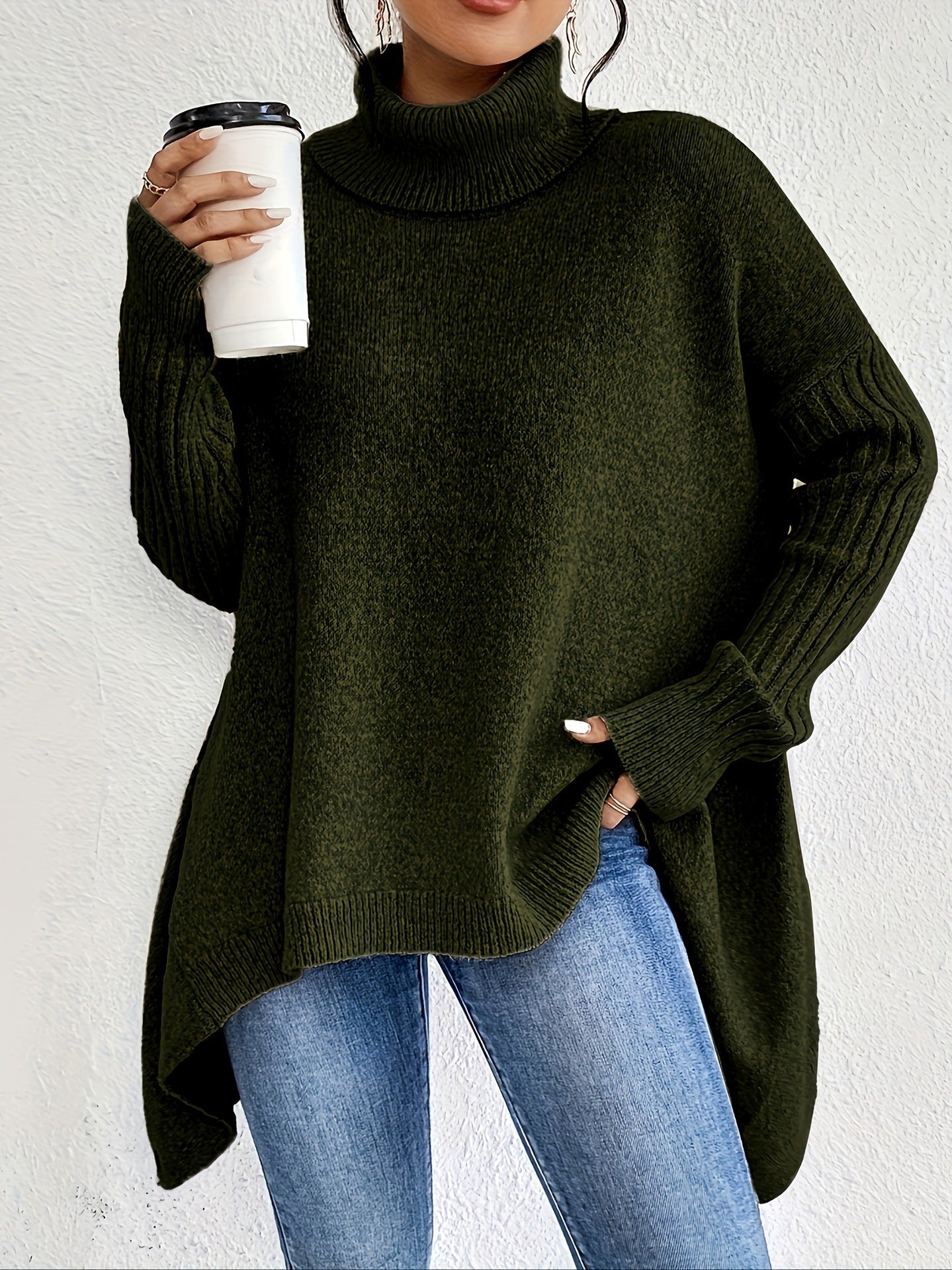 Oversized Roll Neck Jumper for Women with Asymmetric Hem 6