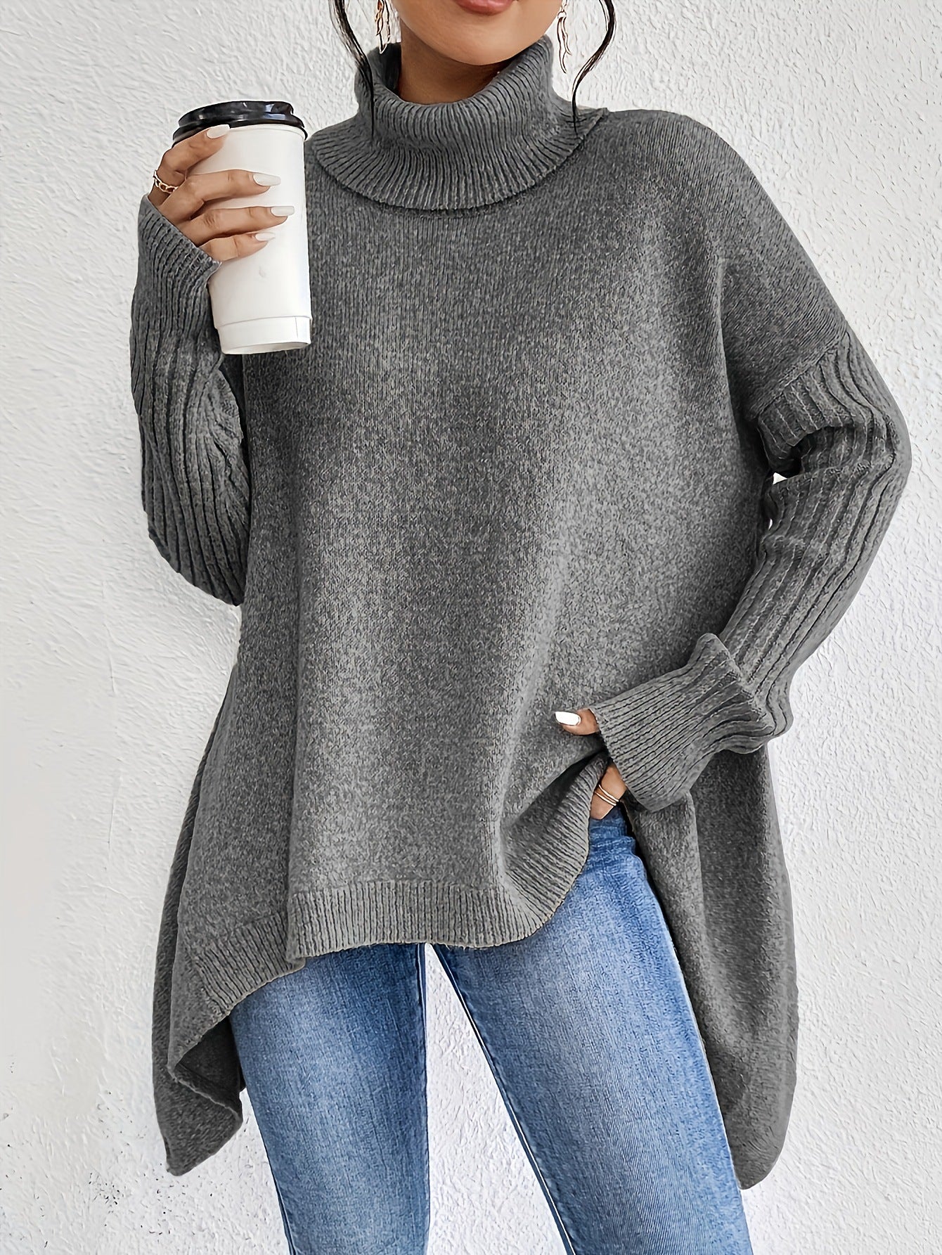 Oversized Roll Neck Jumper for Women with Asymmetric Hem 7