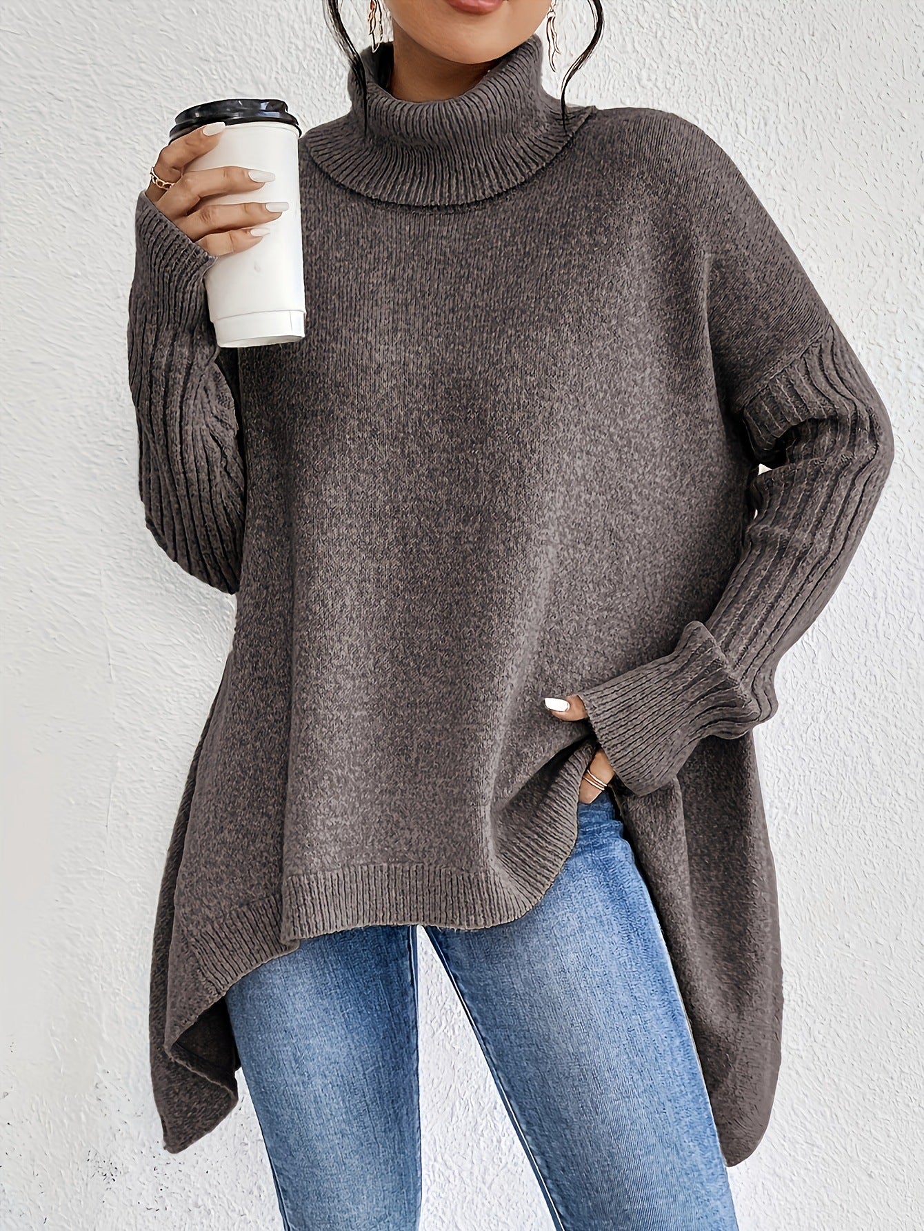 Oversized Roll Neck Jumper for Women with Asymmetric Hem 8