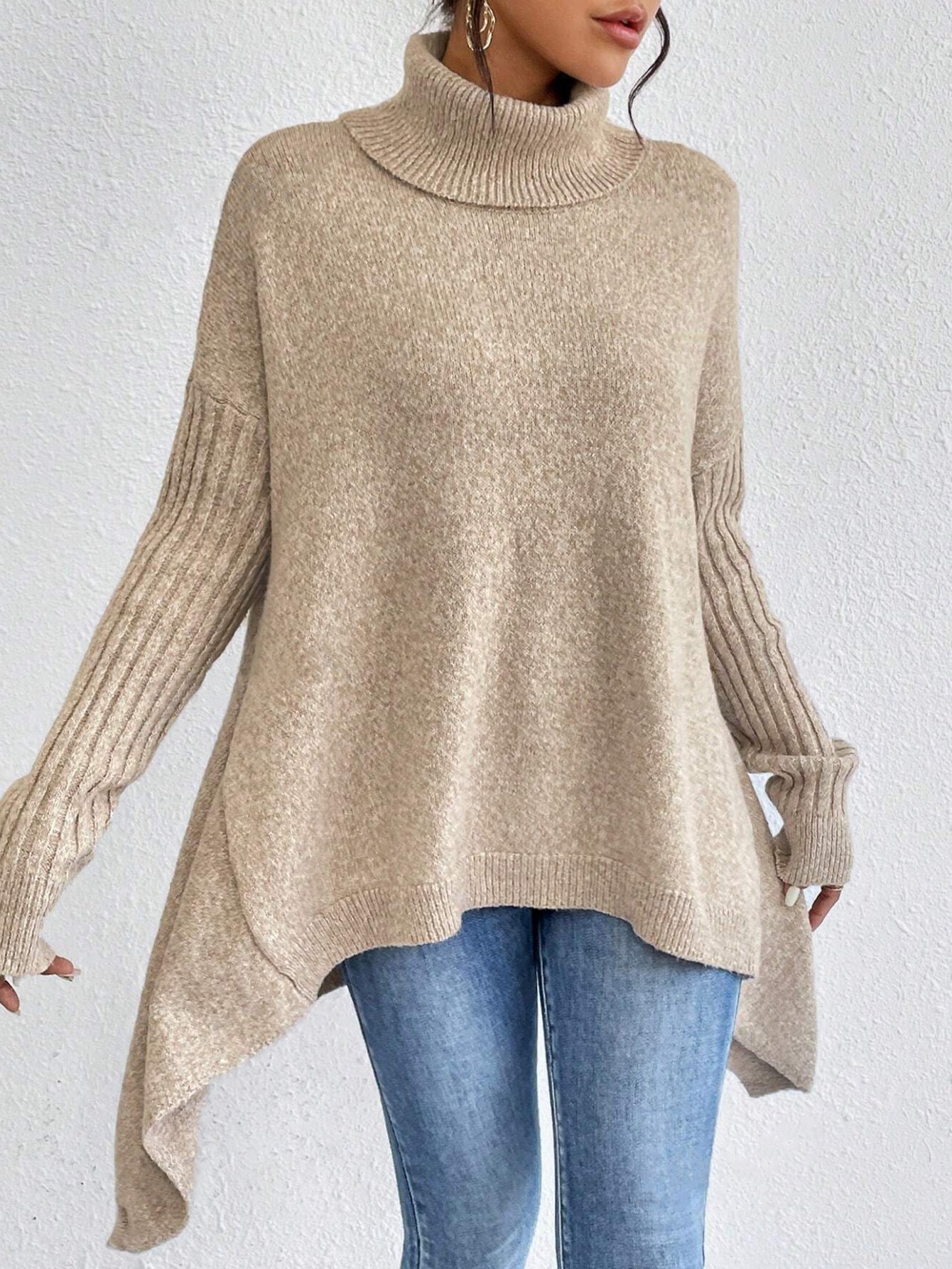 Oversized Roll Neck Jumper for Women with Asymmetric Hem 9