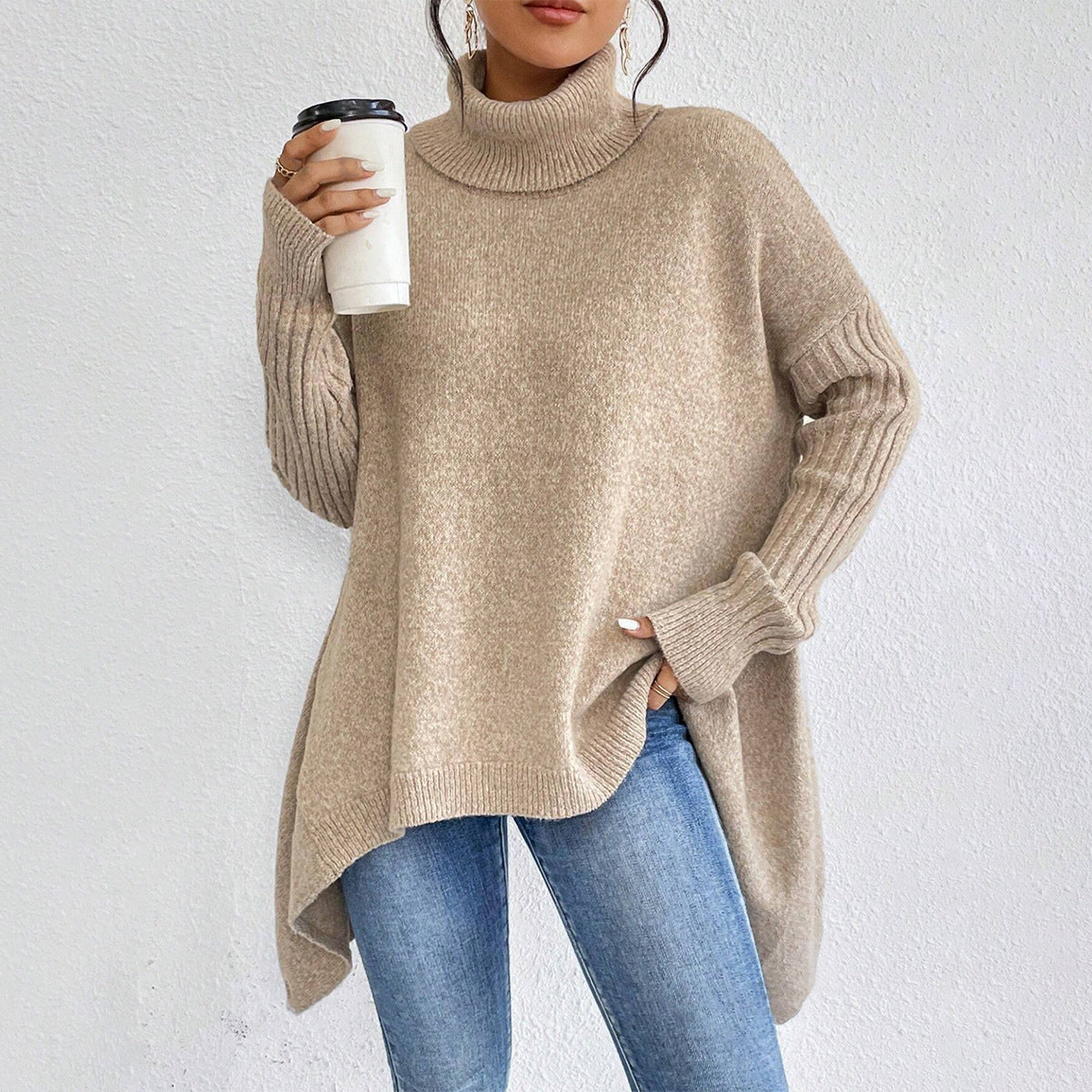 Oversized Roll Neck Jumper for Women with Asymmetric Hem 11