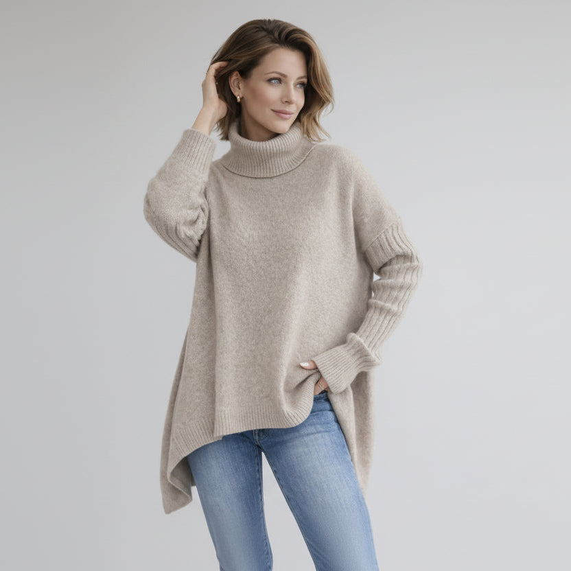 Oversized Roll Neck Jumper for Women with Asymmetric Hem 1