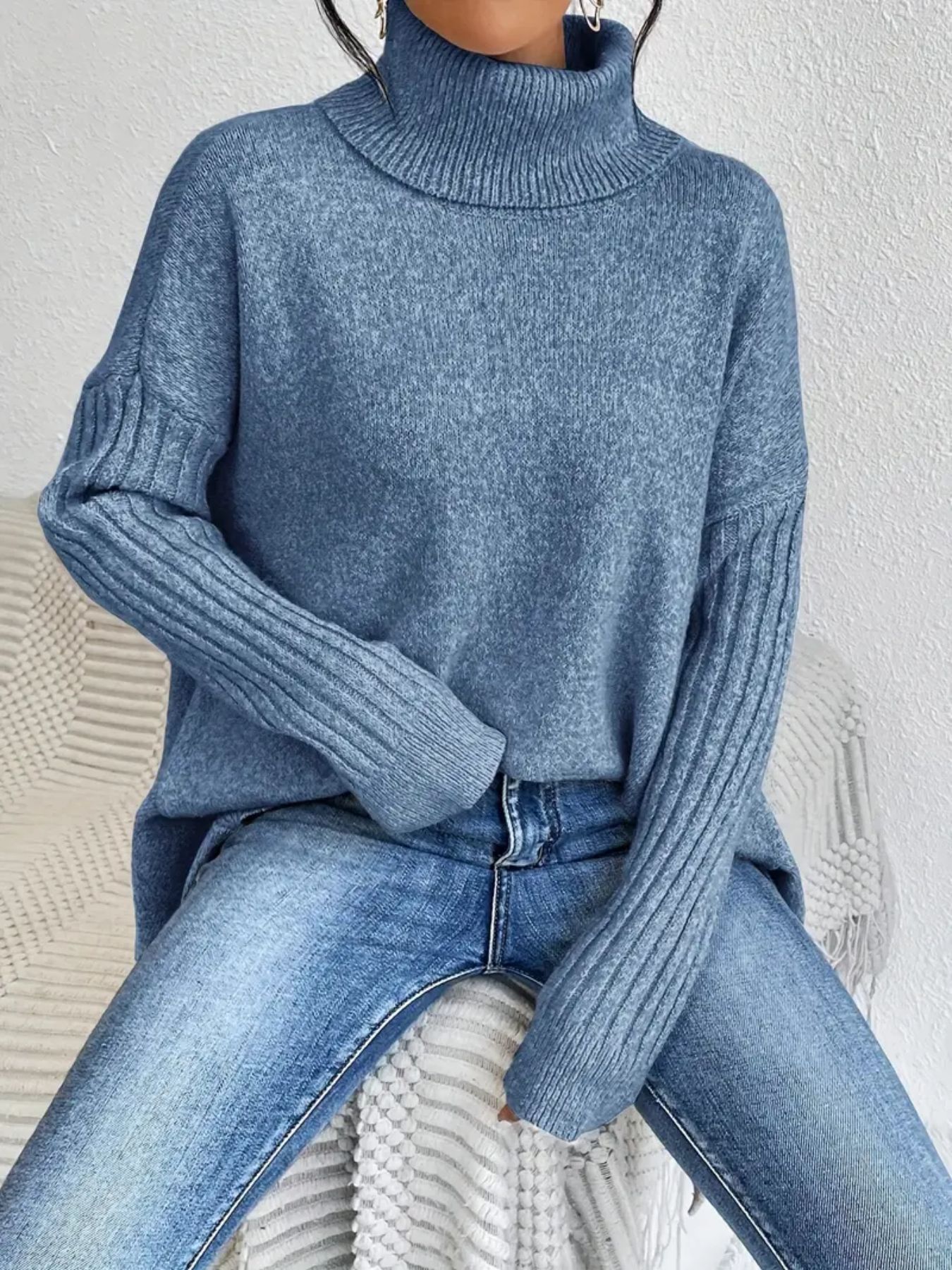 Oversized Roll Neck Jumper for Women with Asymmetric Hem 2