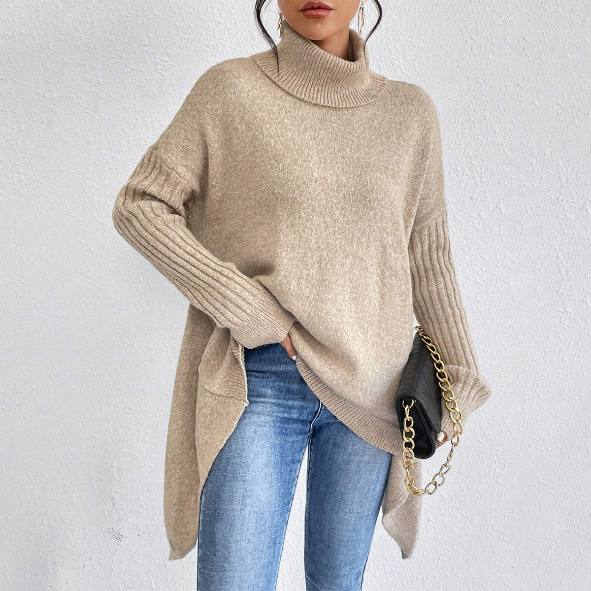Oversized Roll Neck Jumper for Women with Asymmetric Hem 4