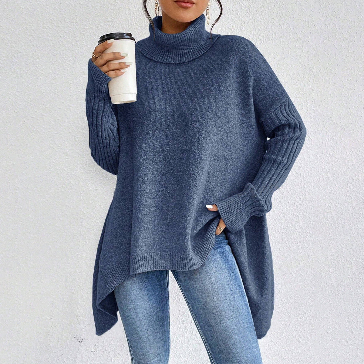 Oversized Roll Neck Jumper for Women with Asymmetric Hem 5