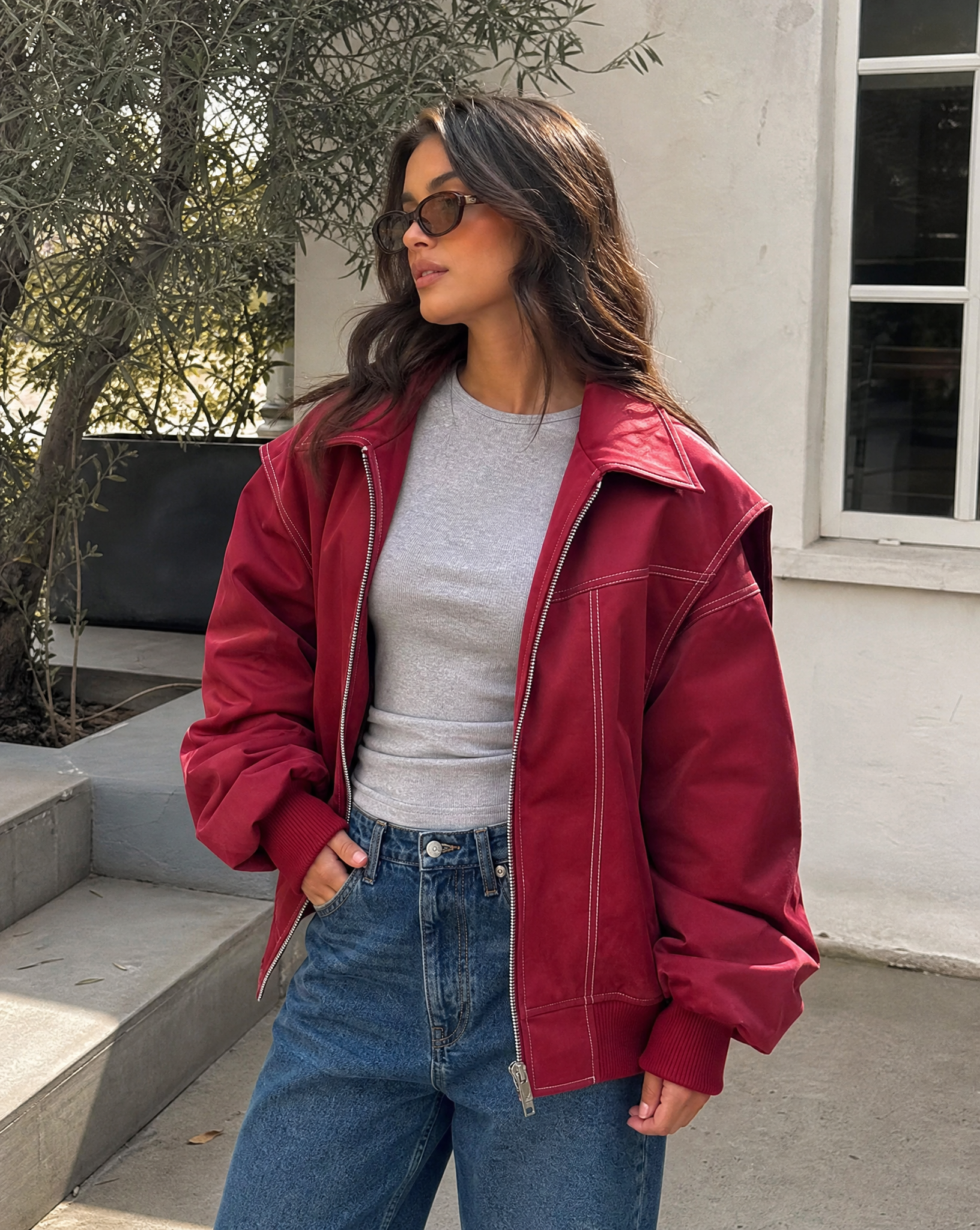 Zafira | Women's Oversized Zip Up Bomber Jacket with Collar Padded Streetwear Casual Coat 2