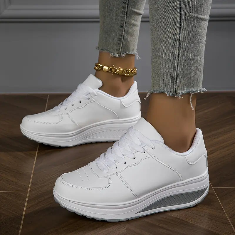 Elara Haus Women's Sneakers - Synthetic Leather Wedge White Sneakers Women 5