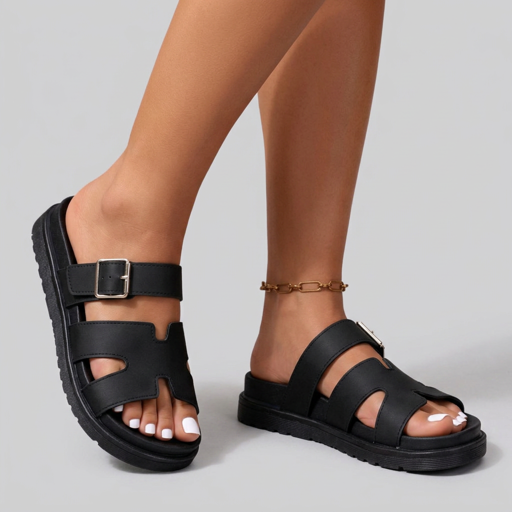 Women's Platform Sandals with Cutout Strap and Adjustable Buckle