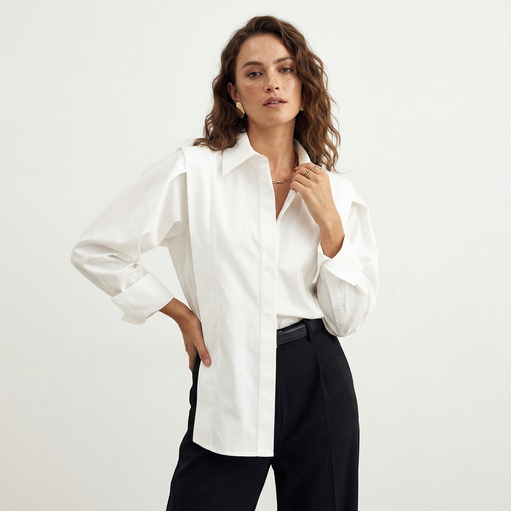 Women's Pleated Shoulder Button Down Shirt Long Sleeve
