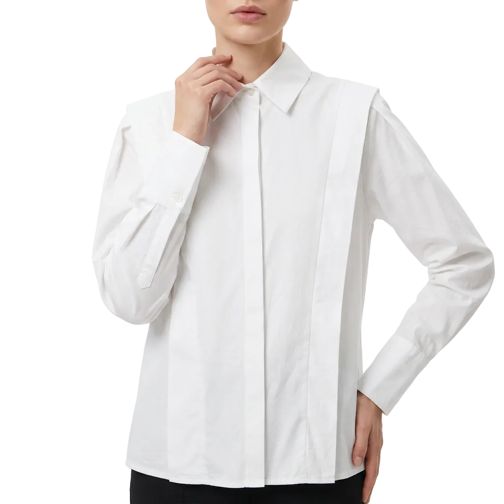 Women's Pleated Shoulder Button Down Shirt Long Sleeve