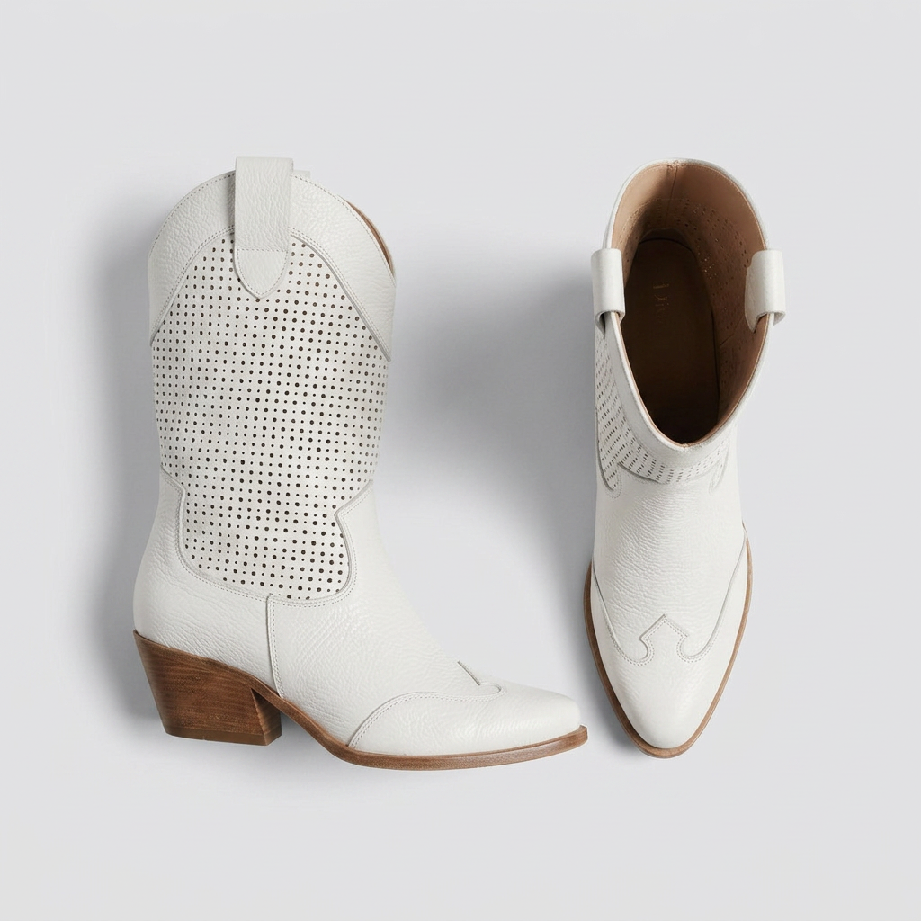 Women's Pointed Toe Laser-Cut Cowboy Boots with Side Zipper