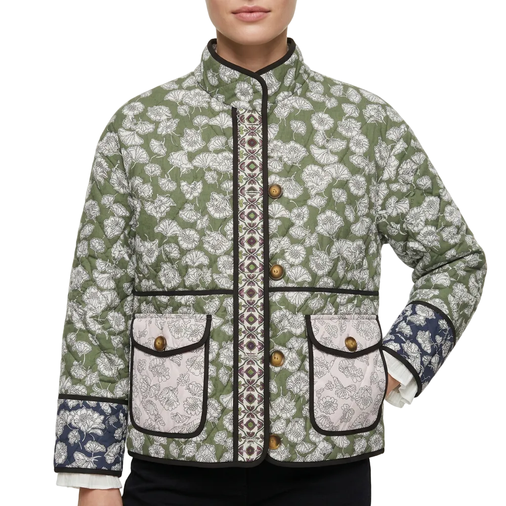Women’s Printed Quilted Jacket Stand Collar Front Button Design