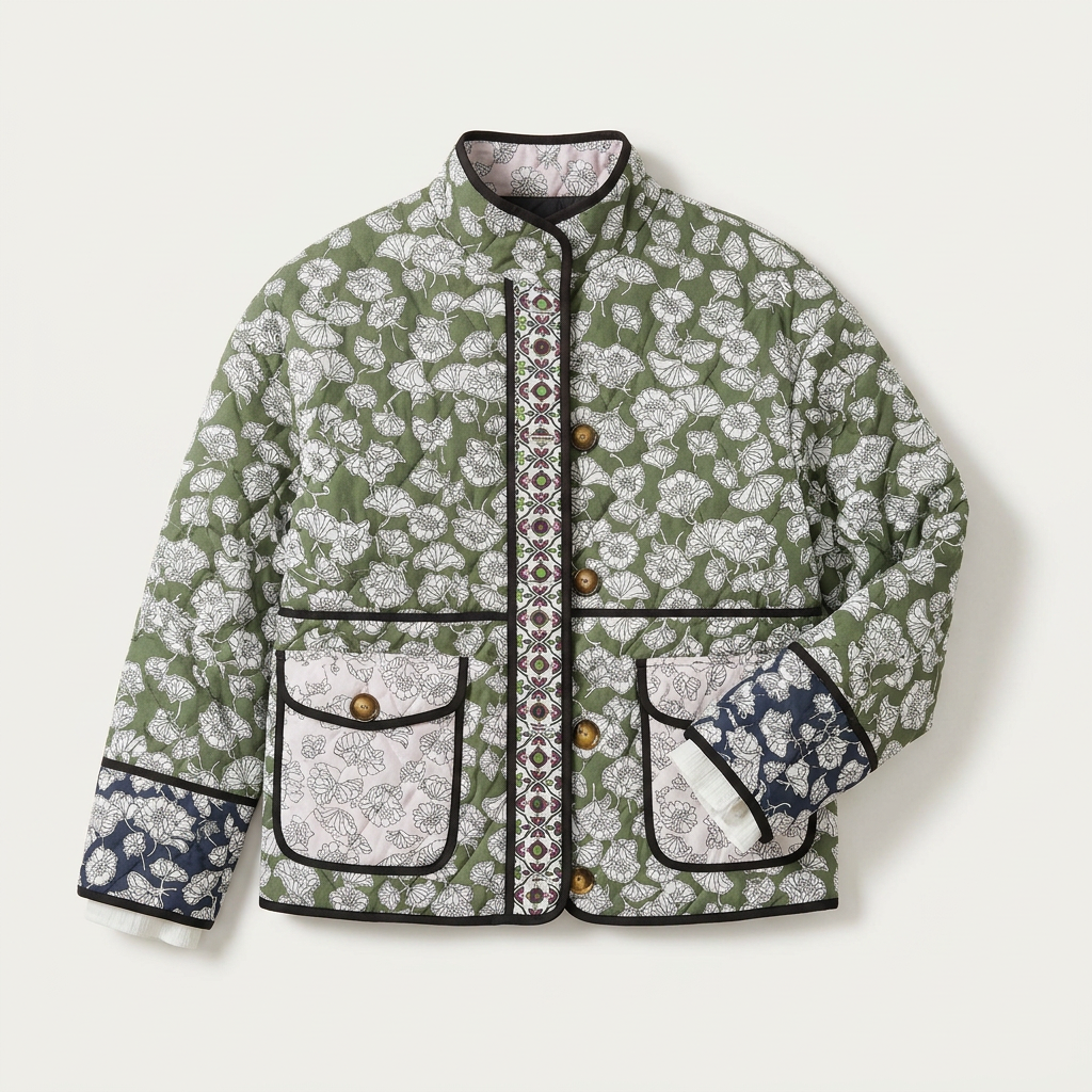 Women’s Printed Quilted Jacket Stand Collar Front Button Design