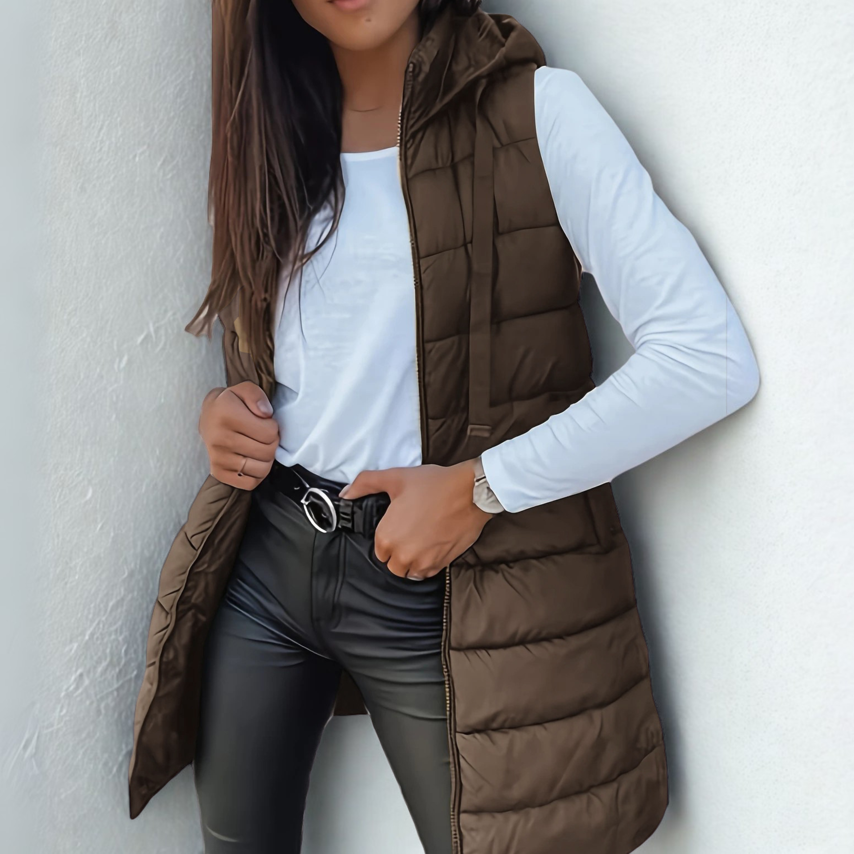 Women’s Quilted Longline Hooded Vest with Zipper 10