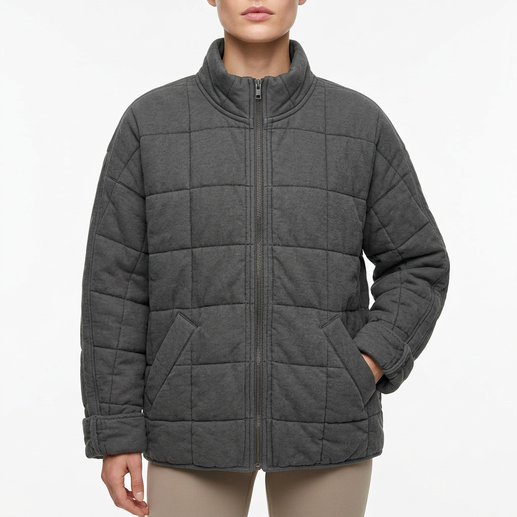 Women’s Quilted Jacket Stand Collar Front Zipper Closure