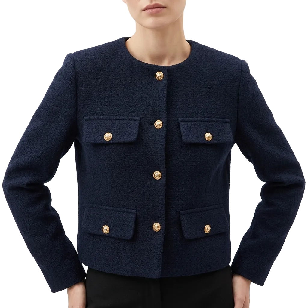 Women’s Round Neck Jacket Metallic Buttons Flap Pockets