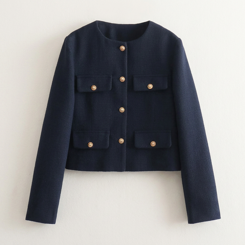 Women’s Round Neck Jacket Metallic Buttons Flap Pockets