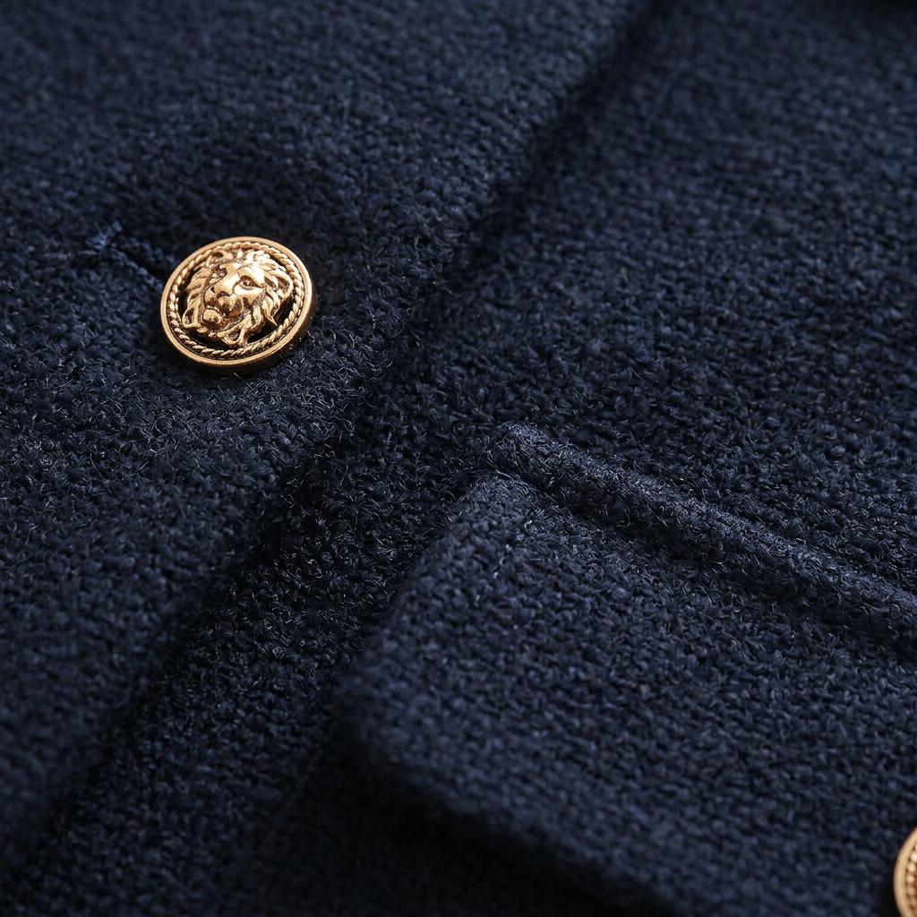 Women’s Round Neck Jacket Metallic Buttons Flap Pockets