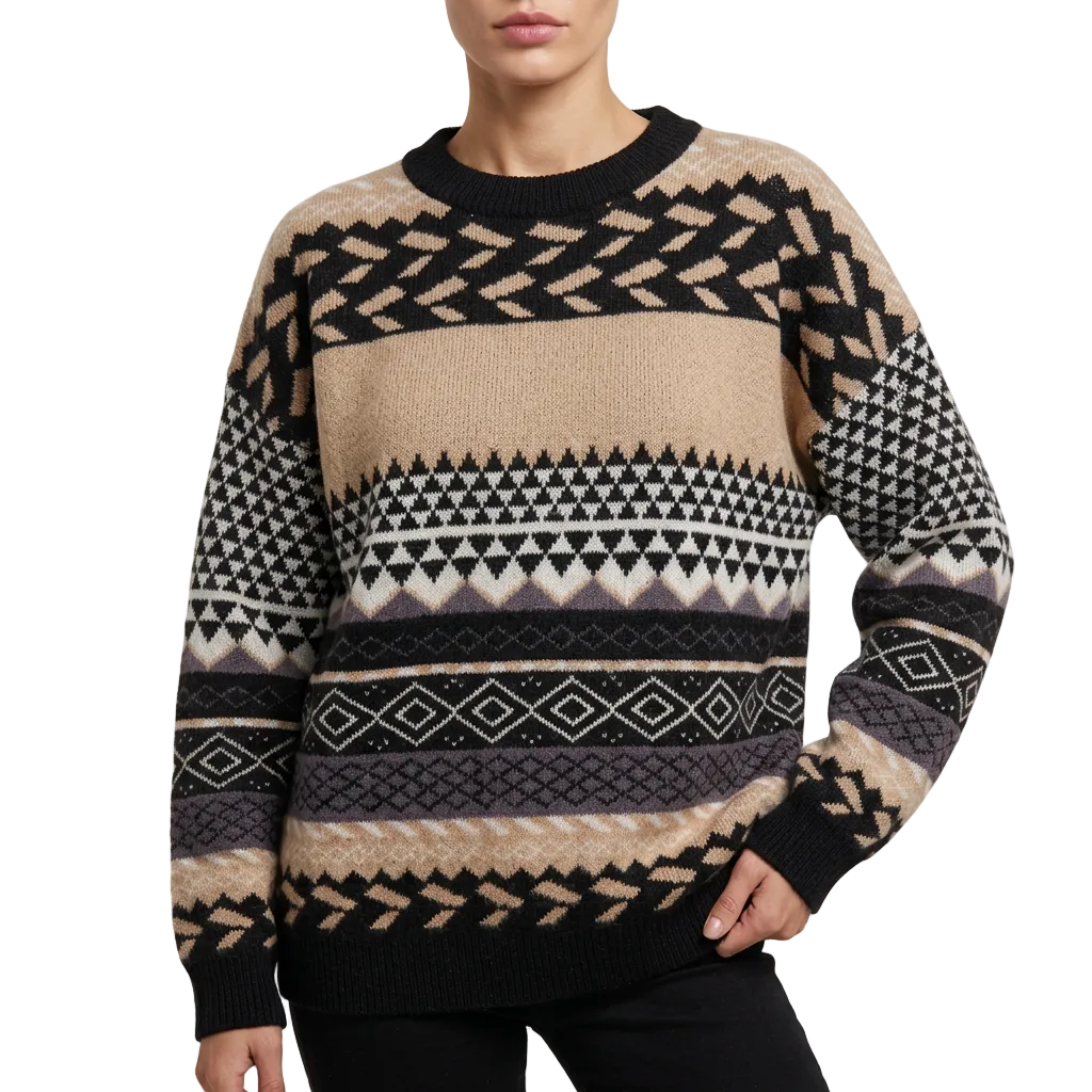 Women’s Round Neck Knit Sweater Patterned Panels